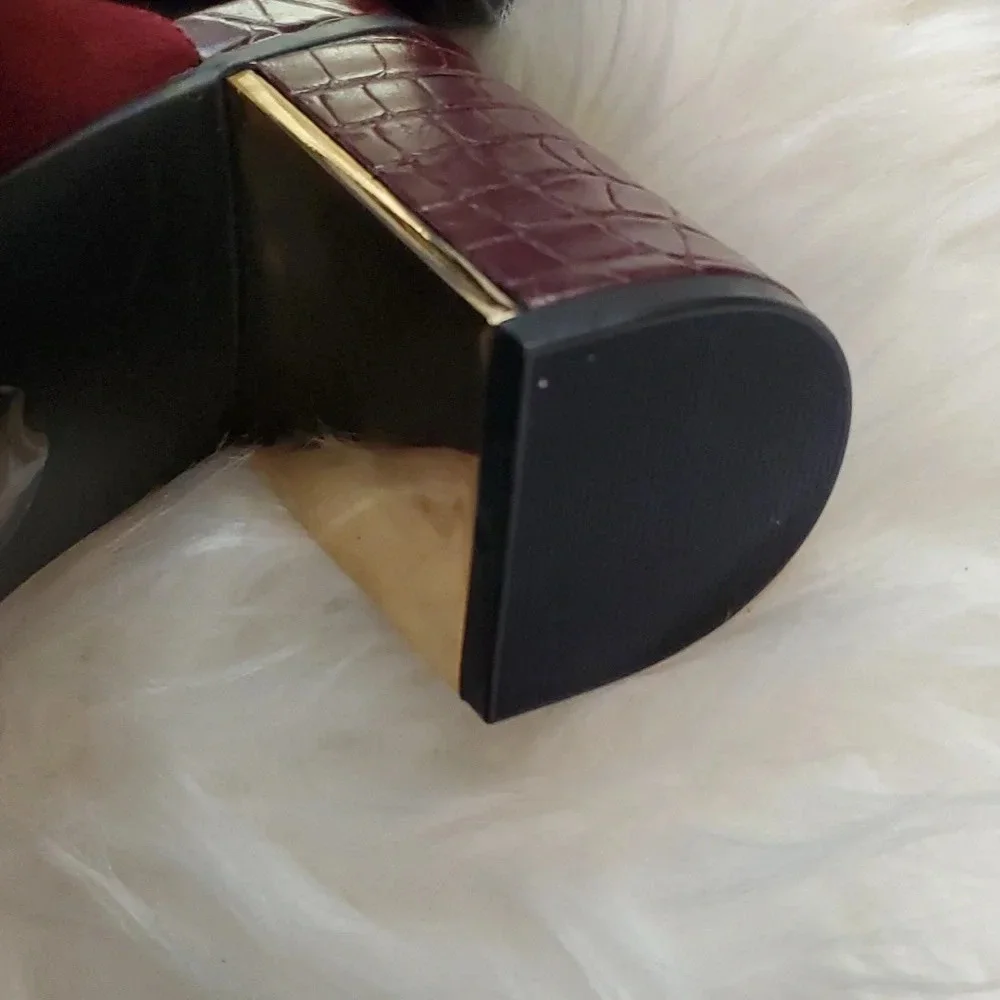NEW Liz Claiborne Suede Like Burgundy,Gold and Textured Heel, Adjustable Buckle